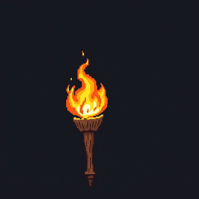 Pixel art depicting a fire torch, featuring a detailed flame in vibrant shades of orange, yellow, and red