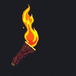 Pixel art depicting a fire torch, featuring a detailed flame in vibrant shades of orange, yellow, and red
