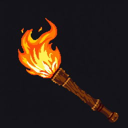 Pixel art depicting a fire torch, featuring a detailed flame in vibrant shades of orange, yellow, and red