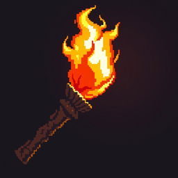 Pixel art depicting a fire torch, featuring a detailed flame in vibrant shades of orange, yellow, and red