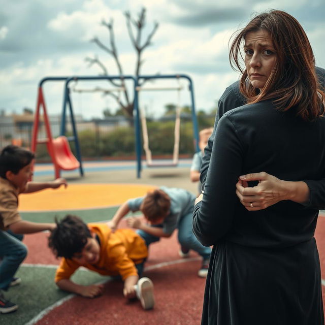 An emotionally charged scene featuring a sad mother, her face marked by pain and anxiety, watching helplessly as a group of bullies aggressively beat a young boy in a school playground