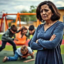 An emotionally charged scene featuring a sad mother, her face marked by pain and anxiety, watching helplessly as a group of bullies aggressively beat a young boy in a school playground