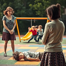An emotionally charged scene featuring a sad mother, her face marked by pain and anxiety, watching helplessly as a group of bullies aggressively beat a young boy in a school playground