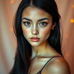 A young woman with long black hair and dark hazel eyes, featuring a diamond-shaped face with freckles