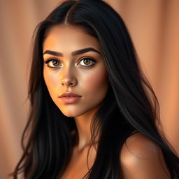 A young woman with long black hair and dark hazel eyes, featuring a diamond-shaped face with freckles