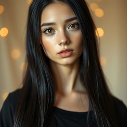 A young woman with long black hair and dark hazel eyes, featuring a diamond-shaped face with freckles