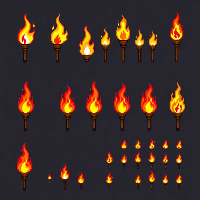 Pixel art sprite sheet featuring a variety of fire torch designs, showcasing different styles of flames and torch handles