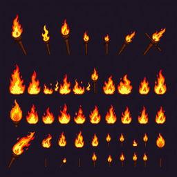 Pixel art sprite sheet featuring a variety of fire torch designs, showcasing different styles of flames and torch handles