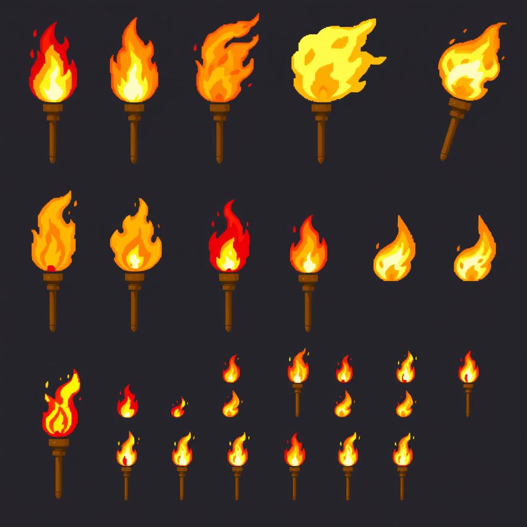 Pixel art sprite sheet featuring a variety of fire torch designs, showcasing different styles of flames and torch handles