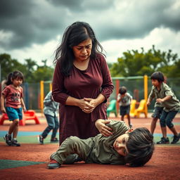 A powerful and emotional scene depicting a sad mother, her face etched with worry and tears, as she watches a group of bullies harshly attacking a young boy in a school playground