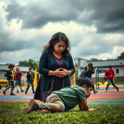 A powerful and emotional scene depicting a sad mother, her face etched with worry and tears, as she watches a group of bullies harshly attacking a young boy in a school playground
