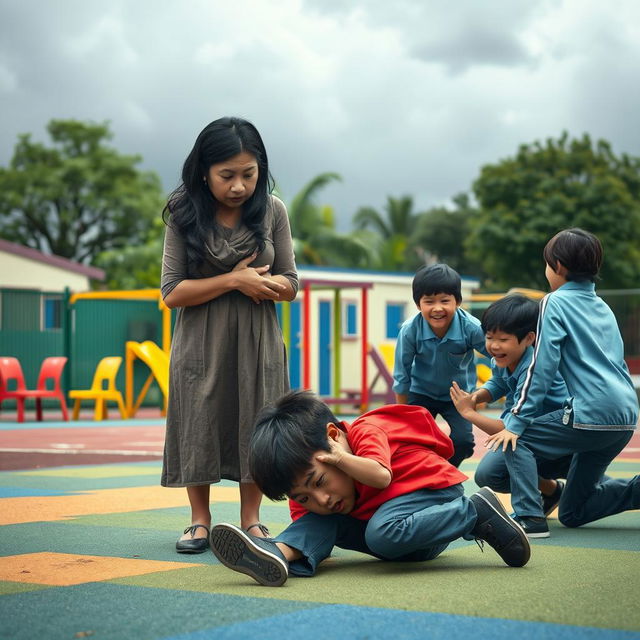 A powerful and emotional scene depicting a sad mother, her face etched with worry and tears, as she watches a group of bullies harshly attacking a young boy in a school playground