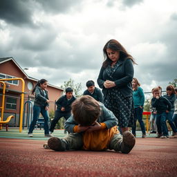 A powerful and emotional scene depicting a sad mother, her face etched with worry and tears, as she watches a group of bullies harshly attacking a young boy in a school playground