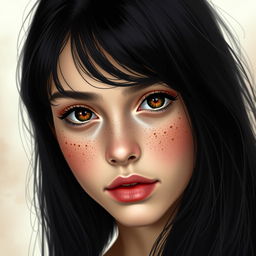 A young woman with long black hair and deep hazel eyes, featuring a diamond-shaped face adorned with freckles