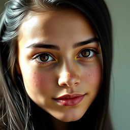 A young woman with long black hair and deep hazel eyes, featuring a diamond-shaped face adorned with freckles