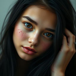 A young woman with long black hair and deep hazel eyes, featuring a diamond-shaped face adorned with freckles