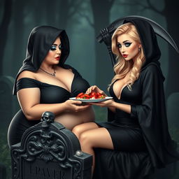 A photographic image featuring a very fat, shapely, round, beautiful young woman with vibrant blond hair, dressed in elegant black, adorned with frosted blue eye shadow, thick black eyeliner, bold mascara, long black eyelashes, and bright pink lipstick