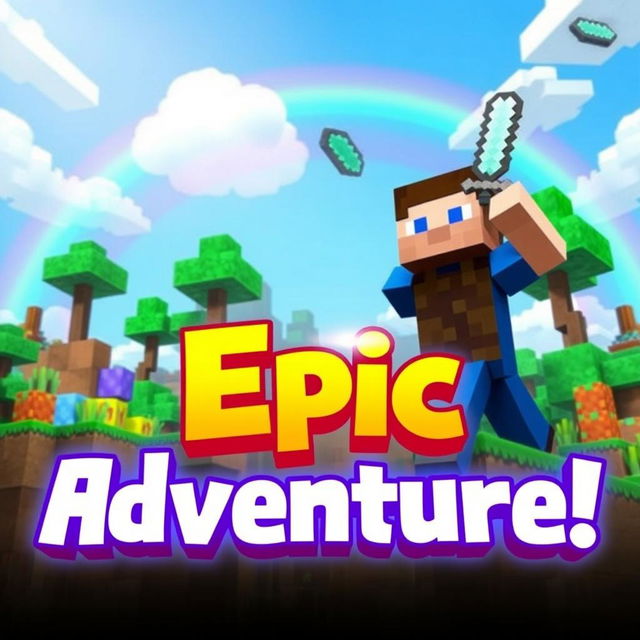 A vibrant and eye-catching Minecraft thumbnail featuring a character in a dynamic pose, holding a diamond sword, surrounded by colorful blocks, trees, and a lush biome