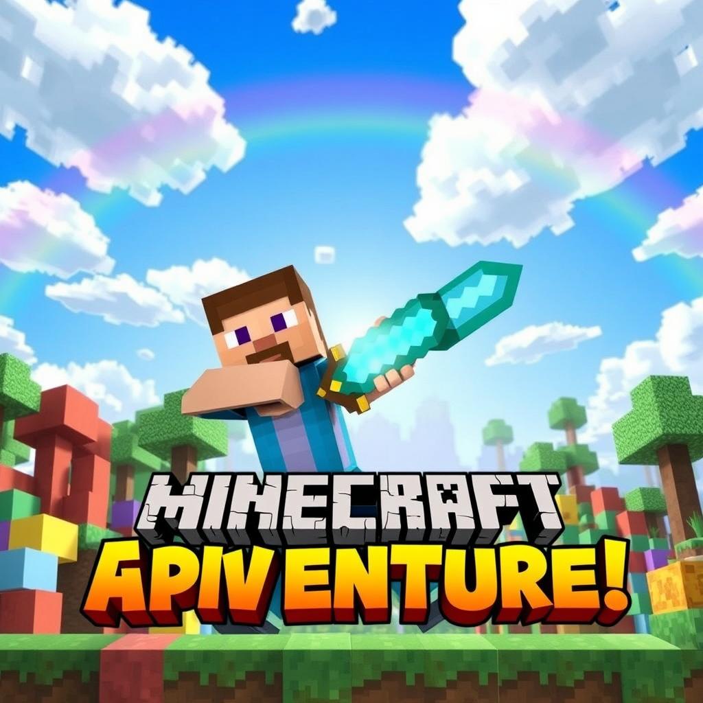 A vibrant and eye-catching Minecraft thumbnail featuring a character in a dynamic pose, holding a diamond sword, surrounded by colorful blocks, trees, and a lush biome