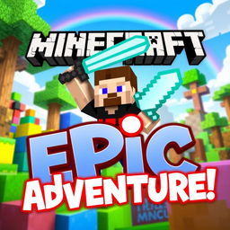 A vibrant and eye-catching Minecraft thumbnail featuring a character in a dynamic pose, holding a diamond sword, surrounded by colorful blocks, trees, and a lush biome
