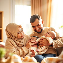 A family of four, featuring a father and mother wearing hijab
