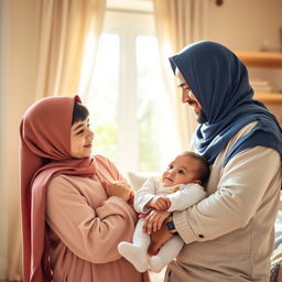 A family of four, featuring a father and mother wearing hijab