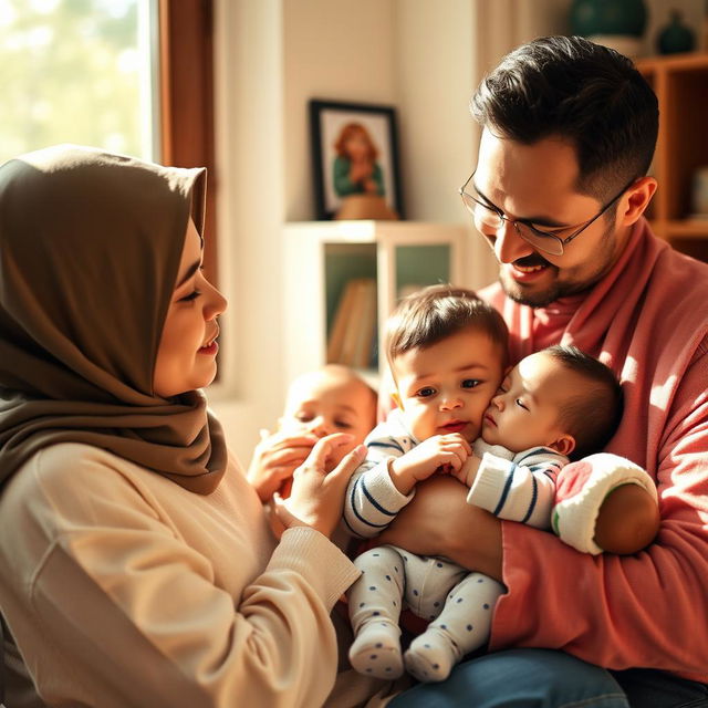 A family of four, featuring a father and mother wearing hijab