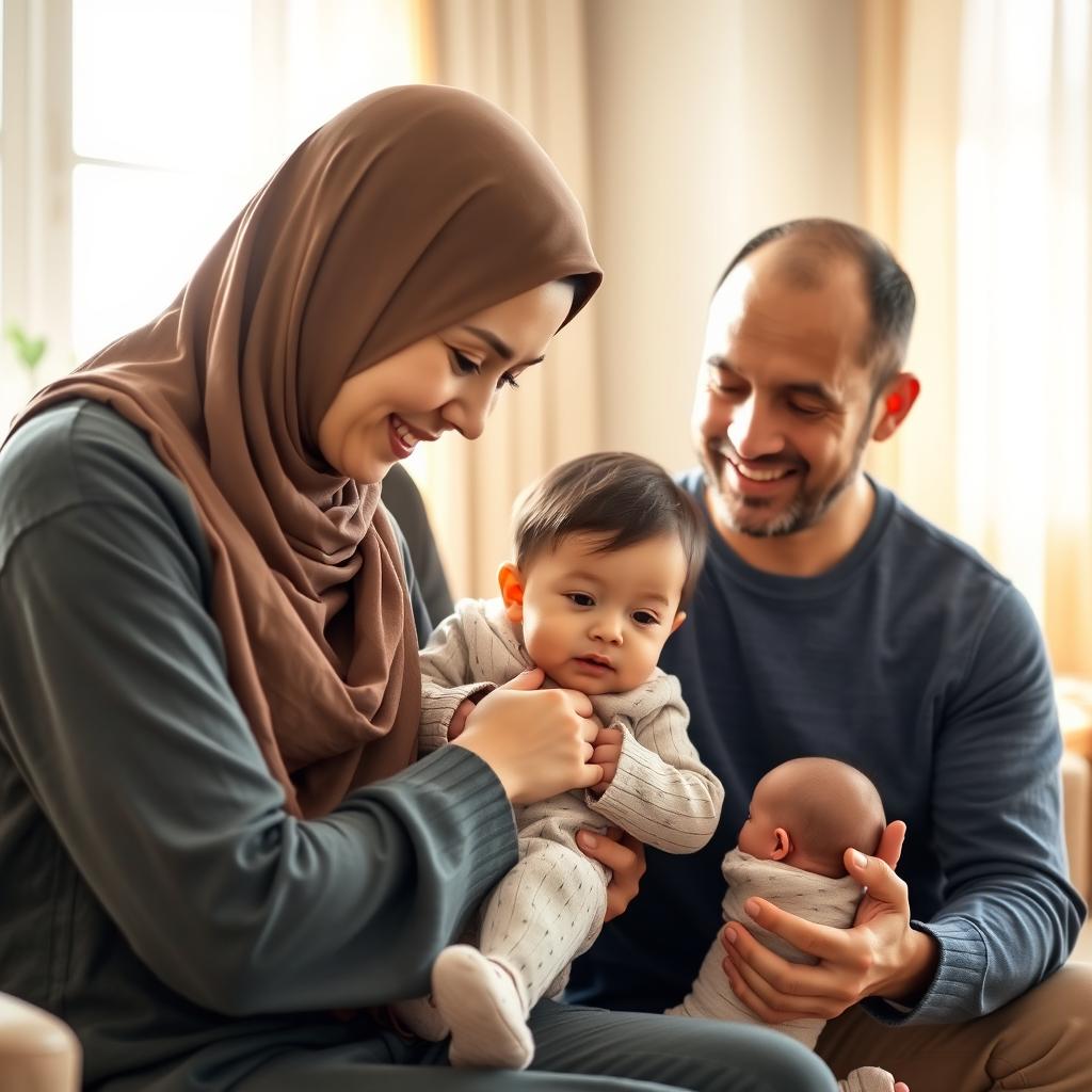 A family of four, featuring a father and mother wearing hijab