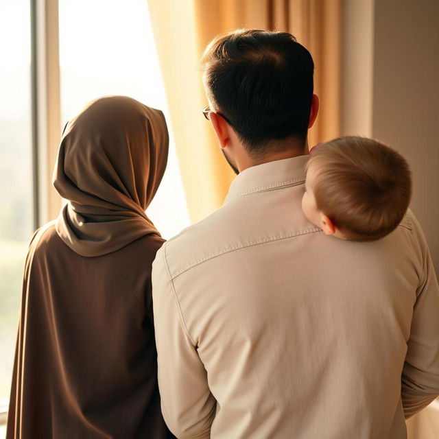 A family of four from the back, featuring a father and mother wearing hijab