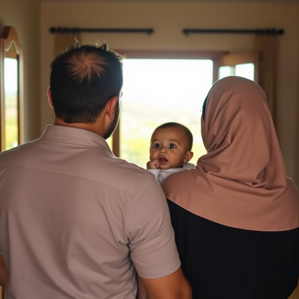 A family of four from the back, featuring a father and mother wearing hijab