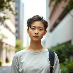 A person in a neutral pose, standing calmly with an open expression