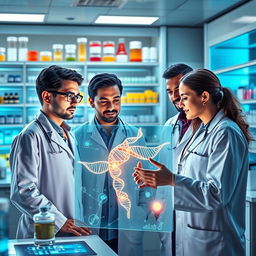A detailed and inspiring visualization of personalized medicine, featuring a futuristic laboratory with advanced technology and glowing screens displaying genetic information