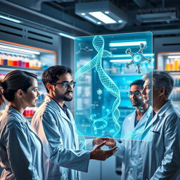 A detailed and inspiring visualization of personalized medicine, featuring a futuristic laboratory with advanced technology and glowing screens displaying genetic information