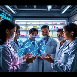 A detailed and inspiring visualization of personalized medicine, featuring a futuristic laboratory with advanced technology and glowing screens displaying genetic information