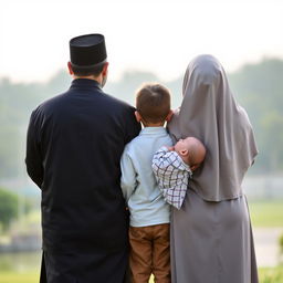 A family of four viewed from behind, consisting of a religious father wearing traditional attire and a mother in hijab