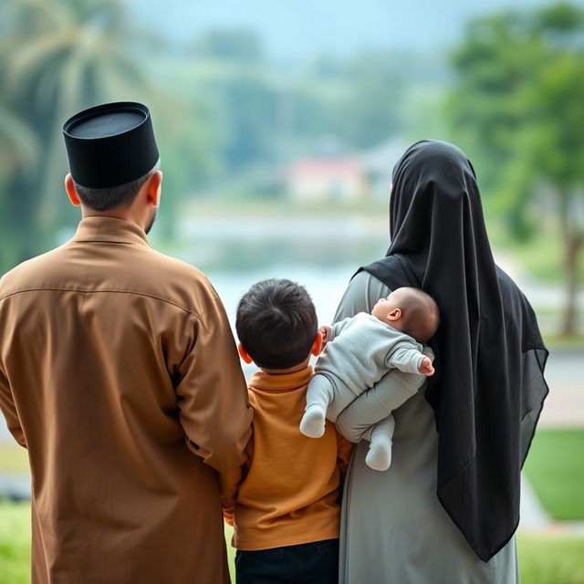 A family of four viewed from behind, consisting of a religious father wearing traditional attire and a mother in hijab