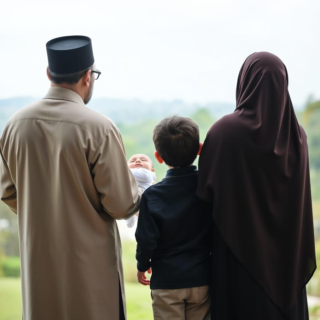 A family of four viewed from behind, consisting of a religious father wearing traditional attire and a mother in hijab