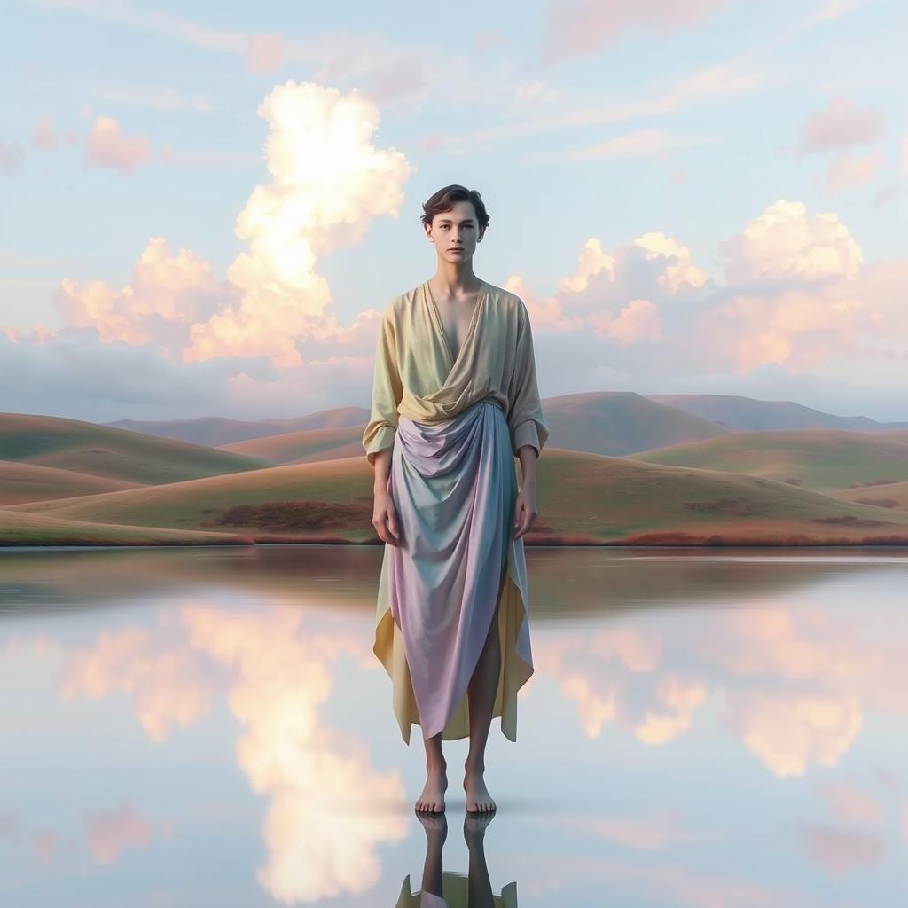 A serene and otherworldly landscape featuring a figure with an androgynous appearance, dressed in flowing garments that shift color with the light, set against a backdrop of ethereal clouds and soft pastel skies