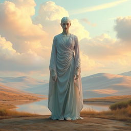 A serene and otherworldly landscape featuring a figure with an androgynous appearance, dressed in flowing garments that shift color with the light, set against a backdrop of ethereal clouds and soft pastel skies