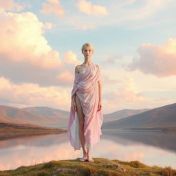 A serene and otherworldly landscape featuring a figure with an androgynous appearance, dressed in flowing garments that shift color with the light, set against a backdrop of ethereal clouds and soft pastel skies