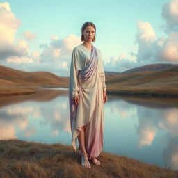 A serene and otherworldly landscape featuring a figure with an androgynous appearance, dressed in flowing garments that shift color with the light, set against a backdrop of ethereal clouds and soft pastel skies
