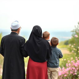 A family of four viewed from behind, consisting of a religious Iranian father in traditional attire and an Iranian mother in hijab