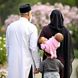 A family of four viewed from behind, consisting of a religious Iranian father in traditional attire and an Iranian mother in hijab