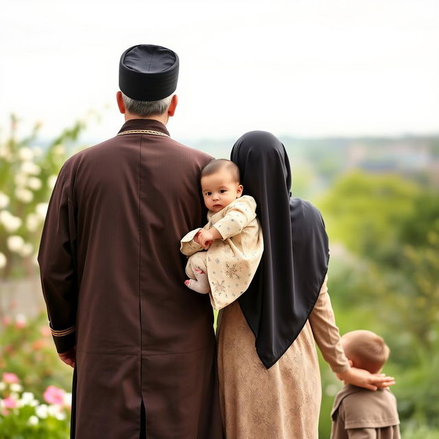 A family of four viewed from behind, consisting of a religious Iranian father in traditional attire and an Iranian mother in hijab