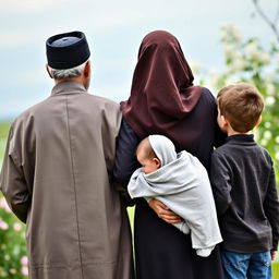 A family of four viewed from behind, consisting of a religious Iranian father in traditional attire and an Iranian mother in hijab