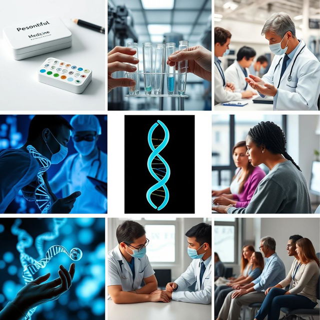 A collection of high-quality images showcasing various aspects of personalized medicine, including genetic testing kits, laboratory equipment, DNA sequencing processes, and healthcare professionals discussing treatment plans with patients