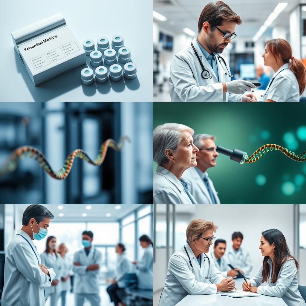 A collection of high-quality images showcasing various aspects of personalized medicine, including genetic testing kits, laboratory equipment, DNA sequencing processes, and healthcare professionals discussing treatment plans with patients