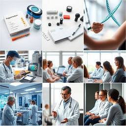 A collection of high-quality images showcasing various aspects of personalized medicine, including genetic testing kits, laboratory equipment, DNA sequencing processes, and healthcare professionals discussing treatment plans with patients
