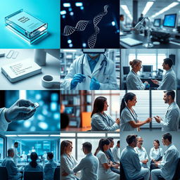 A collection of high-quality images showcasing various aspects of personalized medicine, including genetic testing kits, laboratory equipment, DNA sequencing processes, and healthcare professionals discussing treatment plans with patients