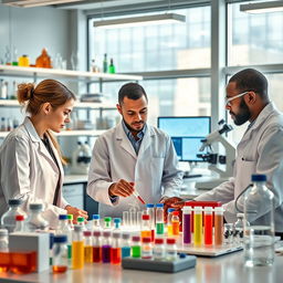 A modern laboratory scene showcasing personalized medicine, featuring a diverse group of scientists, including a Caucasian woman and an African American man, discussing research findings over a table filled with colorful vials and high-tech medical equipment